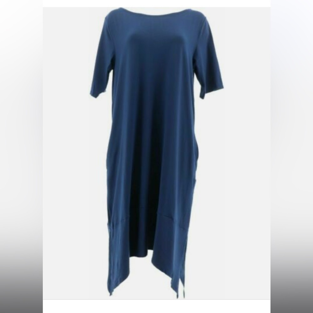 Cuddl Duds Flexwr Elbow-Slv Rainbow Hem Lounge Dress-Navy Petite XS A349599